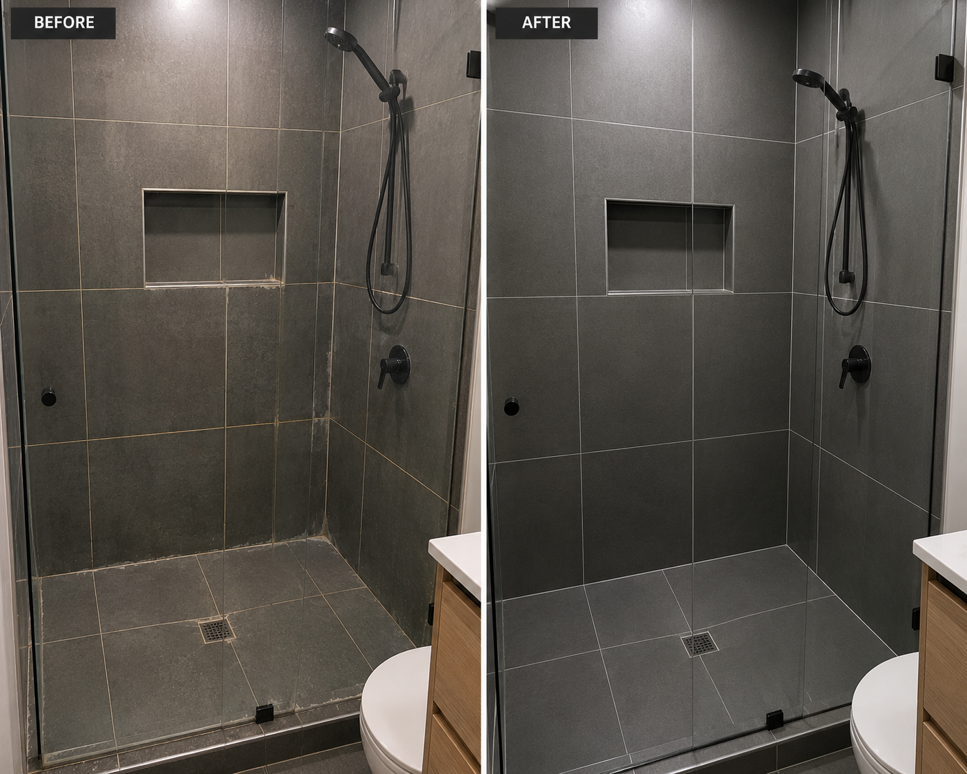 Before and after — Doreen shower regrout and silicone reseal with dark grey tiles restored